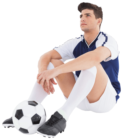 Soccer player sitting next to football on transparent background