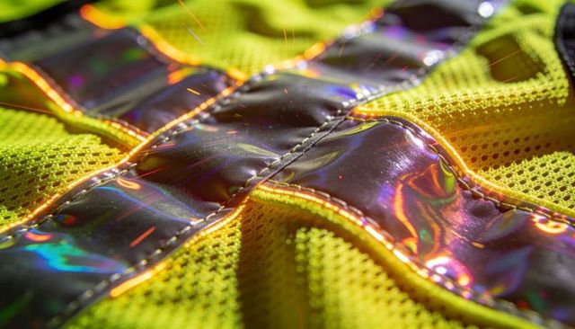 Neon yellow mesh featuring iridescent prismatic strip closeup textile texture