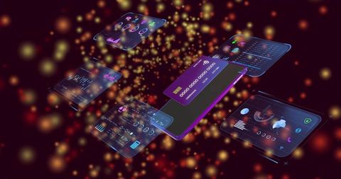 Holographic Mobile Banking Interface with Floating Credit Card and Neon Data Dashboards