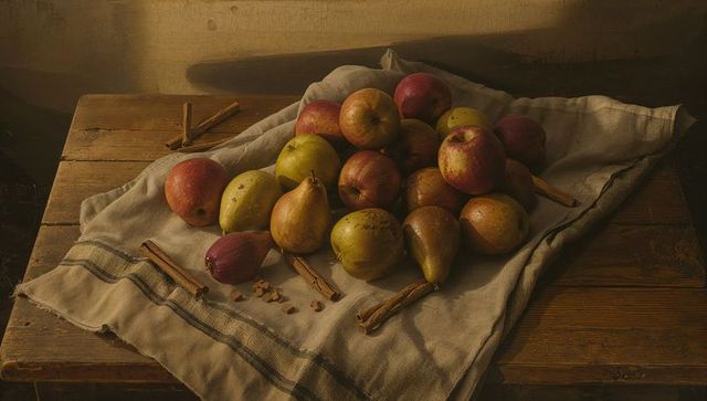 Rustic autumn still life with apples, pears, and cinnamon