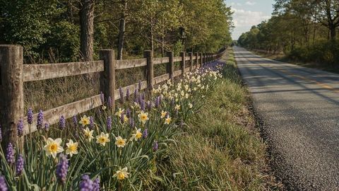 Rustic countryside road with blooming flowers and wooden fence