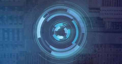 Rotating Circular HUD Interface Overlaying Blurred Urban Skyline, Cyan Teal Futuristic Grid