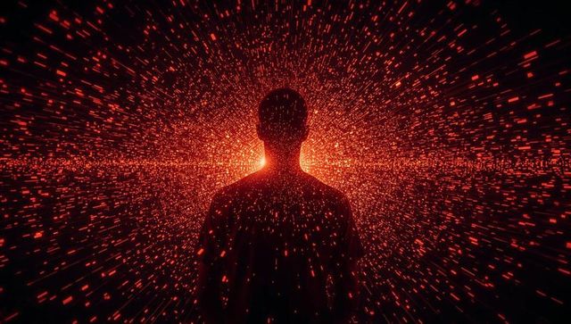 Silhouette standing inside red data tunnel with glowing particles, futuristic tech concept