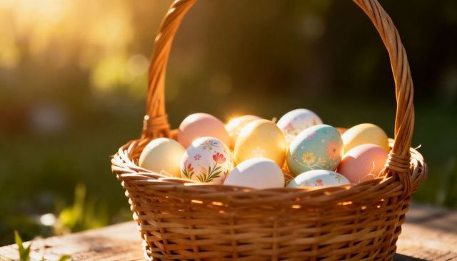 Easter eggs basking in golden hour light inside rustic wicker basket on wooden plank