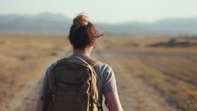 Walking woman hiker carrying backpack on dusty road toward distant mountain horizon