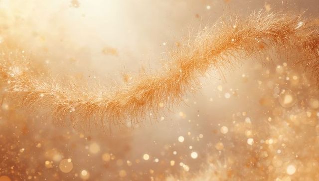 Glistening golden grass plume floating diagonally with macro filaments, backlit amber bokeh, pollen