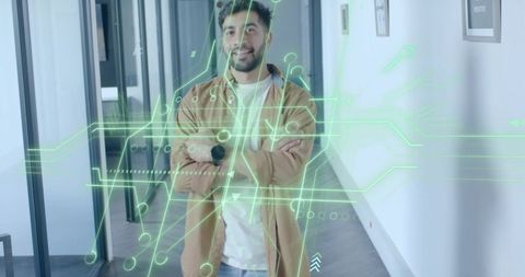 Smiling Businessman Experiencing Holographic Interface in Modern Workplace