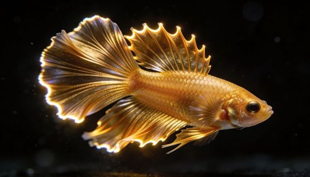 Golden betta fish swimming with flowing iridescent fins on dark aquarium background