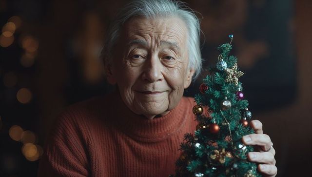 Senior Woman Holding Tabletop Christmas Tree in Cozy Home Setting