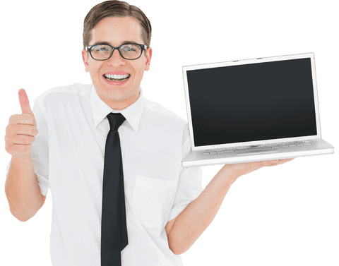 Transparent Geeky Businessman Smiling with Laptop and Thumbs Up - Download Free Stock Videos Pikwizard.com