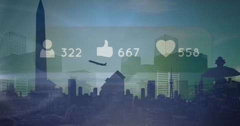 Digital Analytics Icons Over World Cityscape