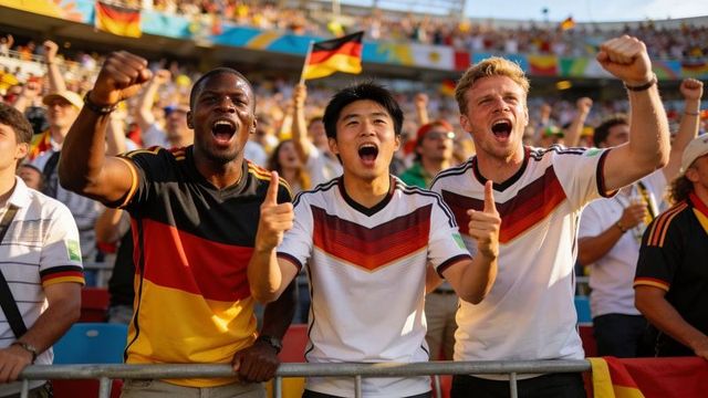 Multiracial soccer fans cheering, celebrating at stadium wearing germany shirts, waving flags