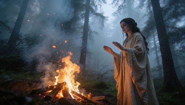 Woman warming hands over campfire in misty conifer forest at dusk, ritual solitude