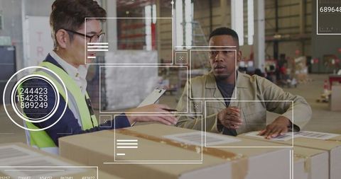 Warehouse team using ar hud and barcode scanning for package inspection and shipping
