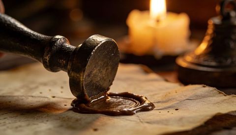 Close-up Wax Seal Stamp Pressing on Aged Parchment with Candlelight Antique Emblem