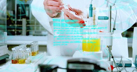 Scientist conducting lab experiment with digital interface overlay