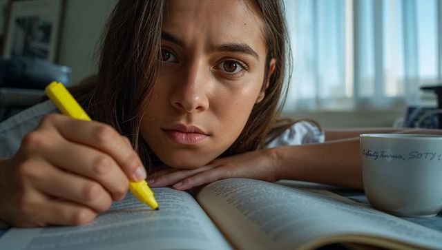Young woman studying with yellow highlighter leaning over open textbook by window