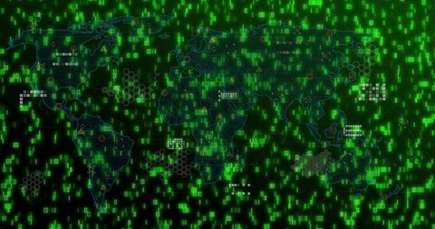 Digital world map with green code stream and node markers