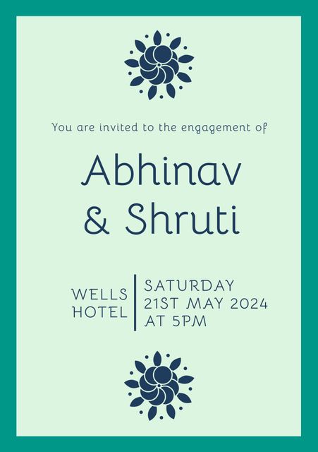 Elegant engagement invitation featuring navy blue floral design on a green background. Suitable for announcing engagement parties, bridal showers, or wedding events. The combination of modern typography and classic floral patterns adds sophistication to your celebration. Perfect for printing or digital sharing.