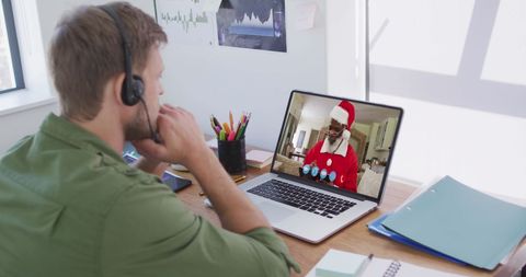Man Video Calling Santa Online for Virtual Christmas Celebration - Download Free Stock Images Pikwizard.com
