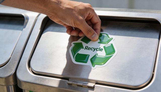 Placing recycle sticker on stainless steel bin lid for sustainable waste sorting