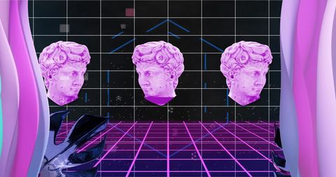 Surreal Digital Art with Classical Sculptures in Purple