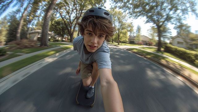 Teen Skateboarder Taking Selfie While Skating Suburban Street