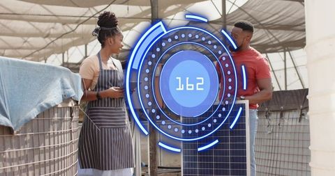 Technicians with solar panel and hud, empowering renewable energy