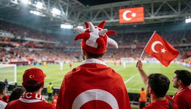 Cheering turkish football fans wearing jester hat and waving crescent star flags in stadium