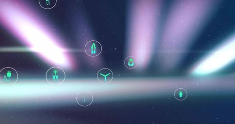 Futuristic neon clean energy icons floating over glowing horizon with aurora beams