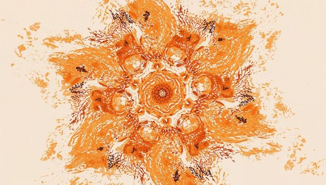 Orange mandala radial rosette on beige canvas with painterly brush strokes
