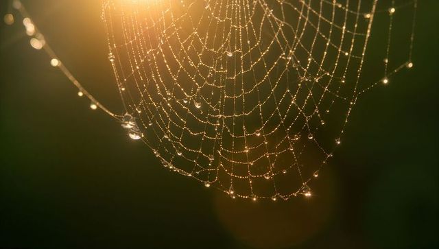Glistening spider web catching warm morning sunlight with dew droplets and lens flare