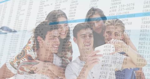 Friends taking happy beach selfie over digital data overlay