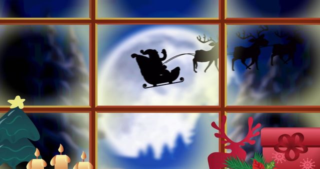 Santa Claus in Sleigh with Reindeer by Moonlight Viewed Through Window - Download Free Stock Images Pikwizard.com