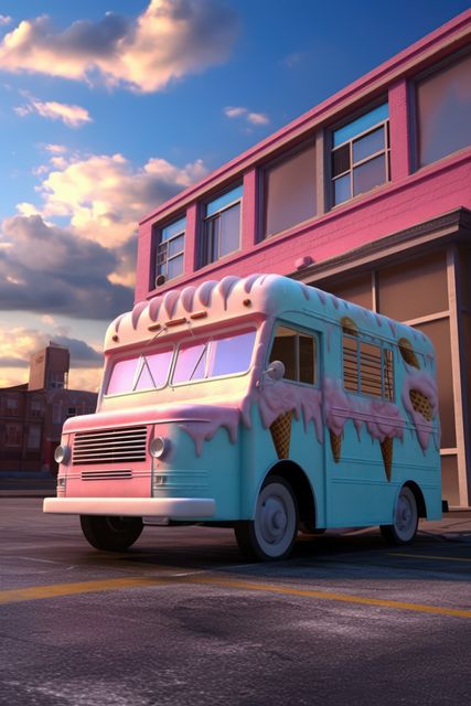 Pink and blue retro ice cream truck in town, created using generative ai technology. Ice cream truck, summer and vintage concept digitally generated image.
