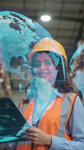 Engineer Reacting to Holographic Globe While Checking Clipboard in Warehouse Vertical Video