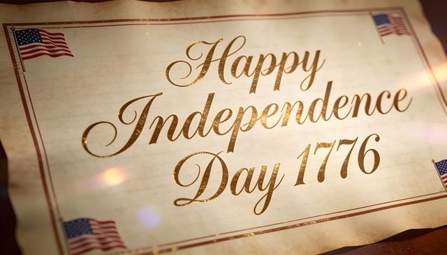 Gilded parchment happy independence day 1776 with american flags on rustic wood