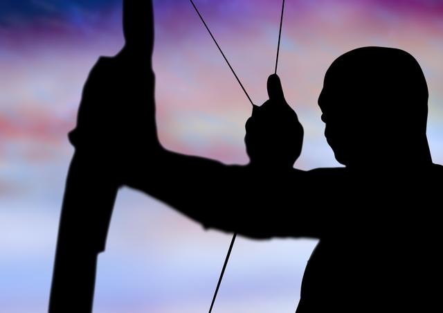 Silhouette of an archer practicing archery against a vibrant, colorful sky. Ideal for use in sports promotions, motivational posters, and outdoor activity advertisements. Highlights themes of focus, concentration, and skill.