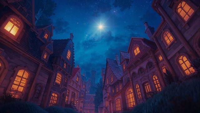 Medieval village street at night under star-filled sky