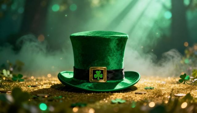Green Velvet Leprechaun Top Hat on Gold Coins and Shamrocks for St Patrick Celebration