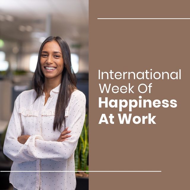 Portrait of smiling biracial female employee, international week of happiness at work text. Copy space, digital composite, workplace, celebration, employee happiness are integral to business success.