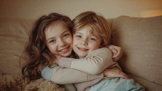 Siblings hugging on beige couch smiling warmly, cozy family moment at home with plush blanket