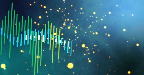 Pulsing Neon Audio Spectrum Bars with Glowing Gold Particles and Teal Nebula Background