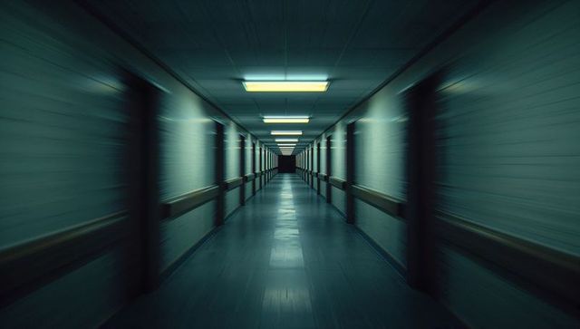 Eerie empty hospital corridor leading to dark vanishing point with fluorescent lights