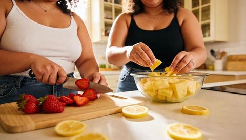 Slicing strawberries and preparing pineapple bowl in home kitchen friends cooking together