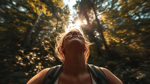 Golden Hour Hiker Tilting Face Up Toward Sunlight Through Lush Forest Canopy