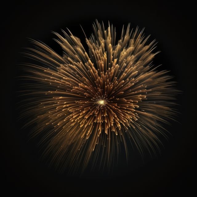 Detailed shot of a single golden fireworks burst lighting up the dark night sky. This image can be ideal for holiday-related designs, festive invitations, celebration announcements, and New Year congratulatory cards.