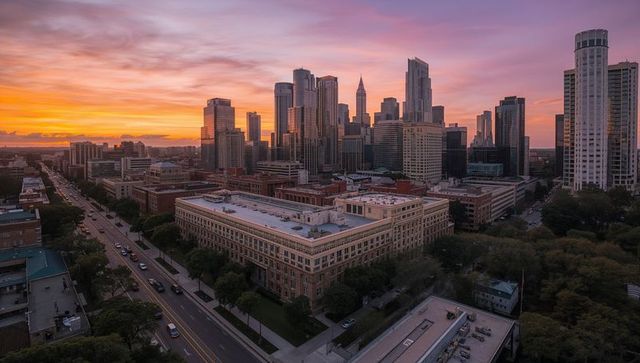 Aerial downtown skyline glowing at sunset with hvac rooftop detail and tree-lined boulevard