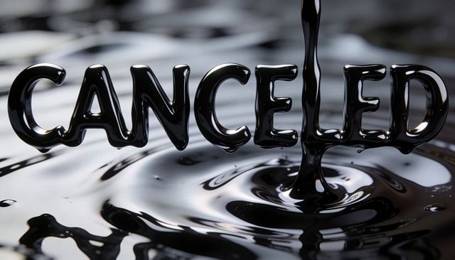 Glossy black liquid forming canceled letters with pouring ripple and reflective highlights