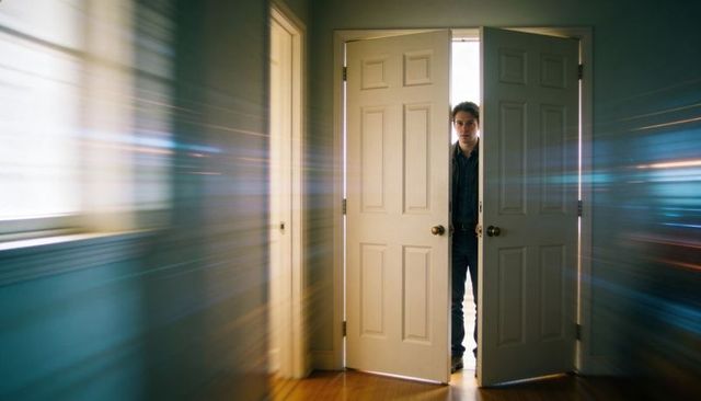Man standing in slightly open double doors with dramatic light streaks and motion blur